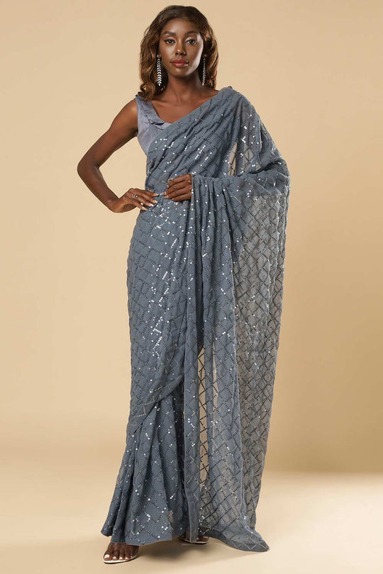 Huda Grey Georgette Sequins Ready to Wear One Minute Saree