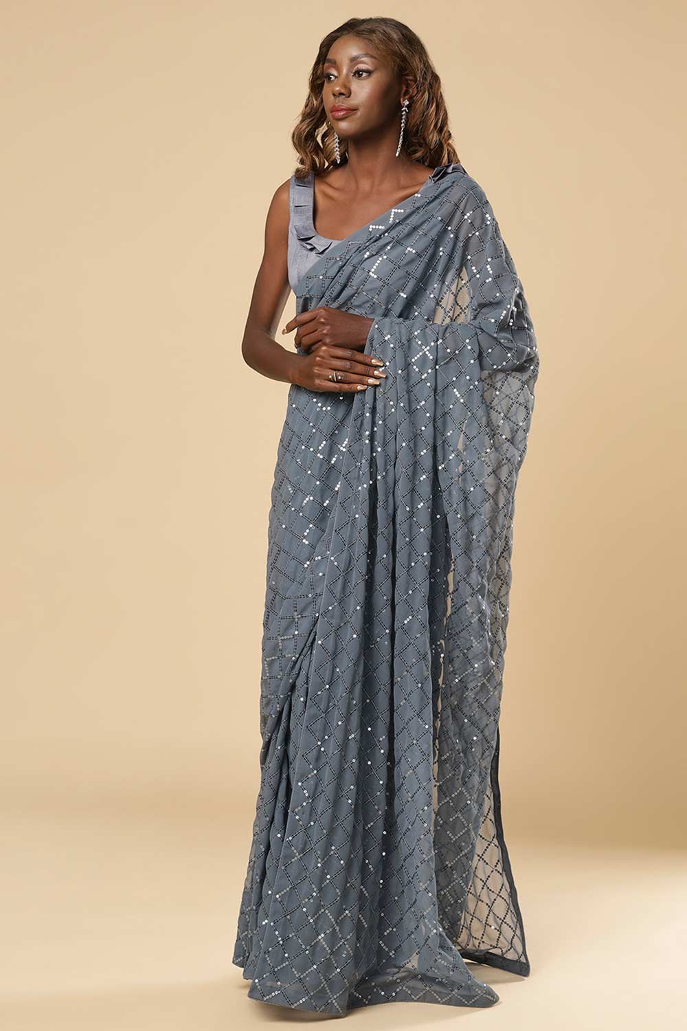 Huda Grey Georgette Sequins Ready to Wear One Minute Saree