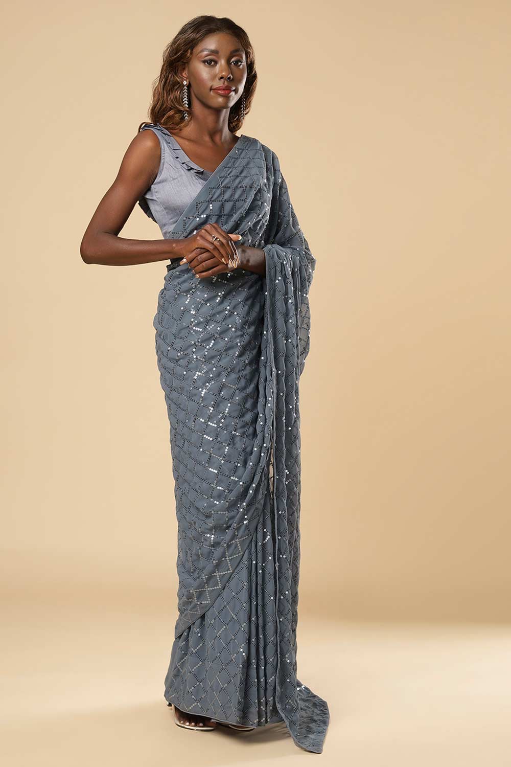 Huda Grey Georgette Sequins Ready to Wear One Minute Saree