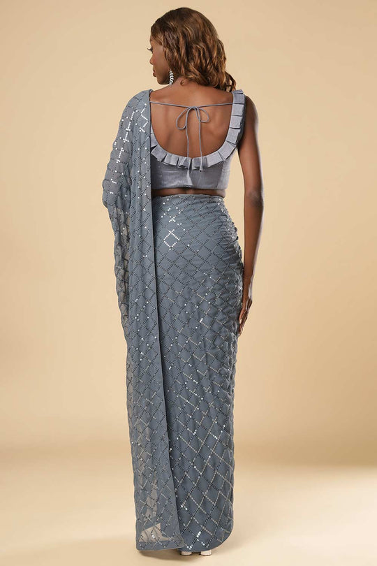 Huda Grey Georgette Sequins Ready to Wear One Minute Saree
