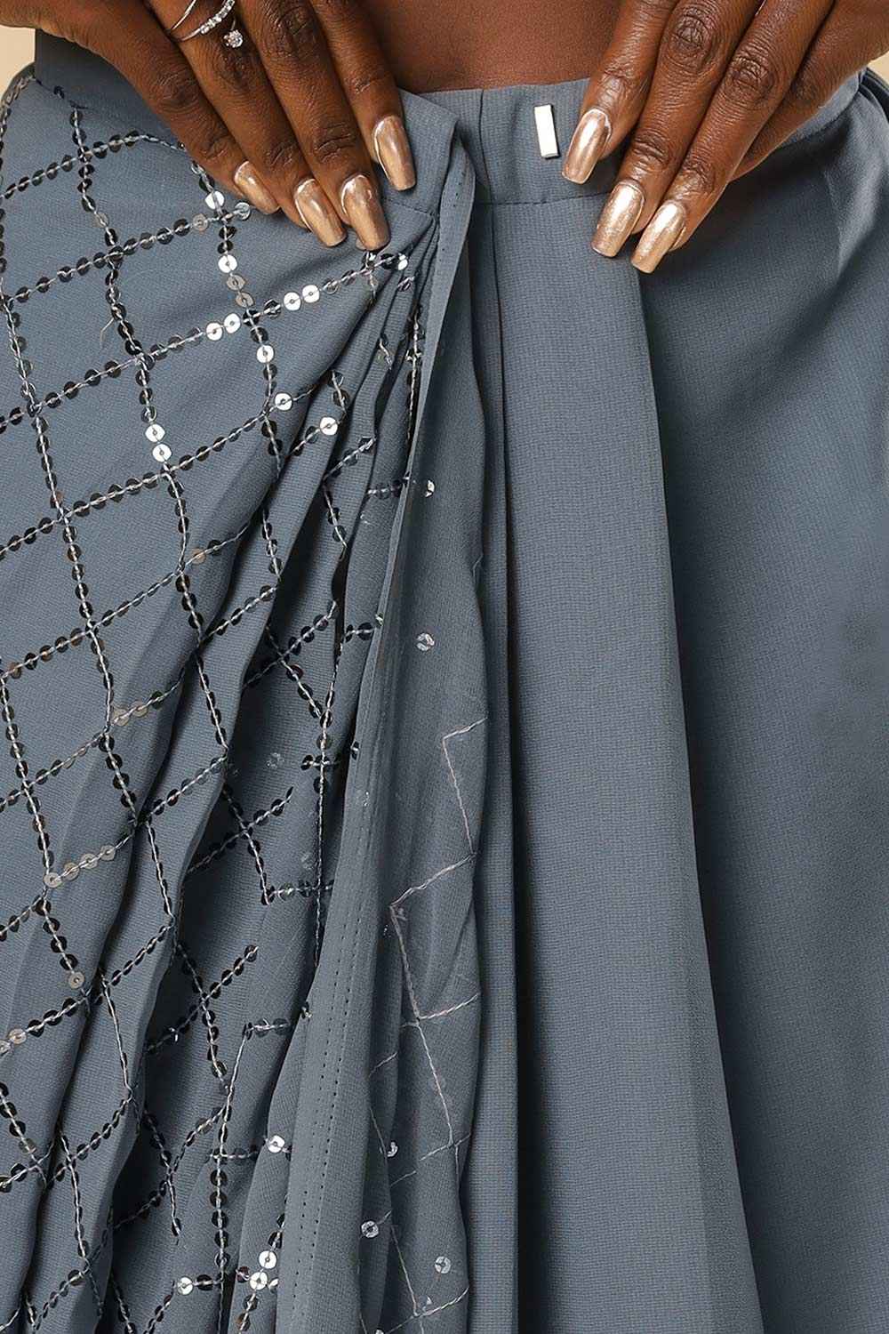 Huda Grey Georgette Sequins Ready to Wear One Minute Saree