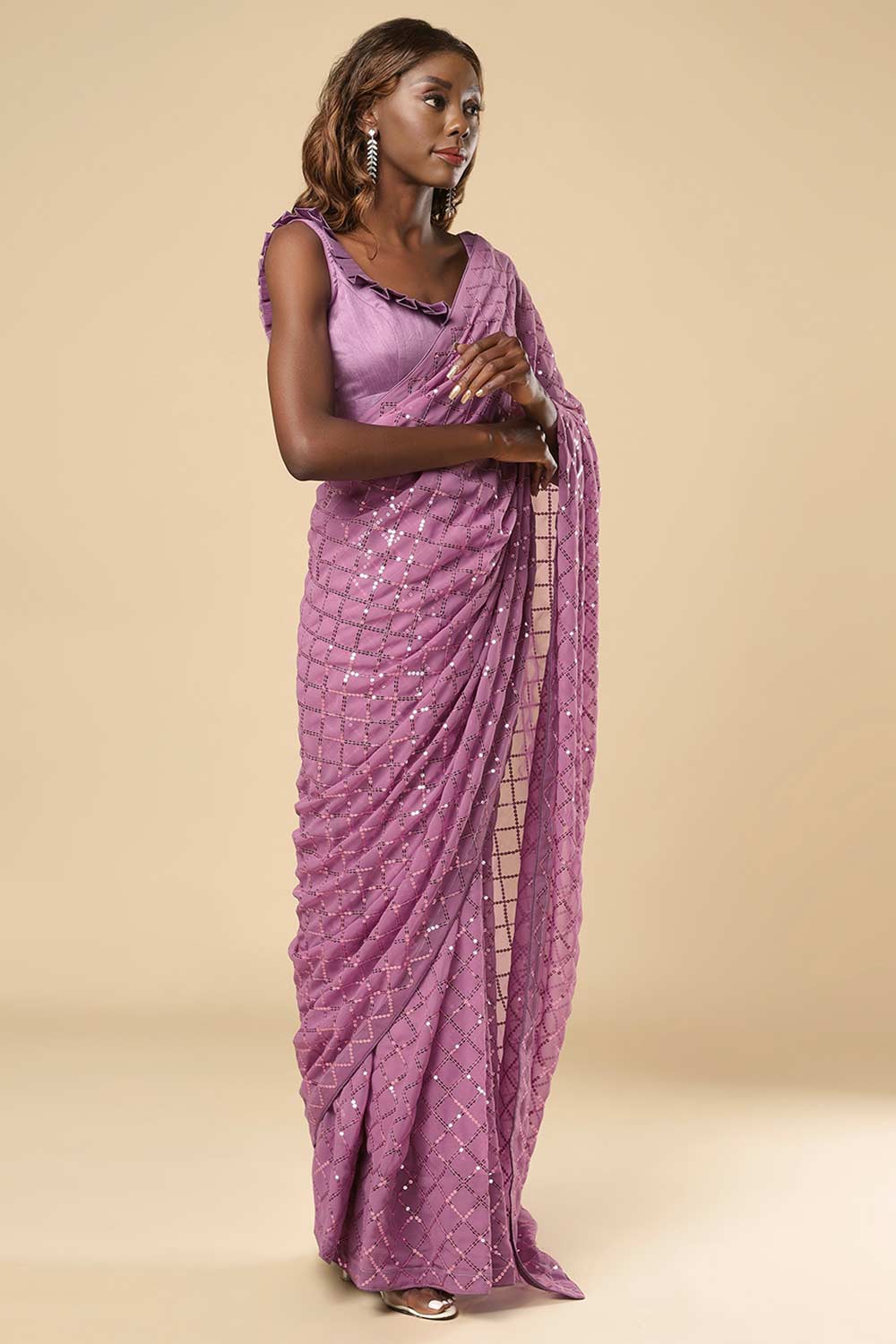 Huda Purple Georgette Sequins Ready to Wear One Minute Saree
