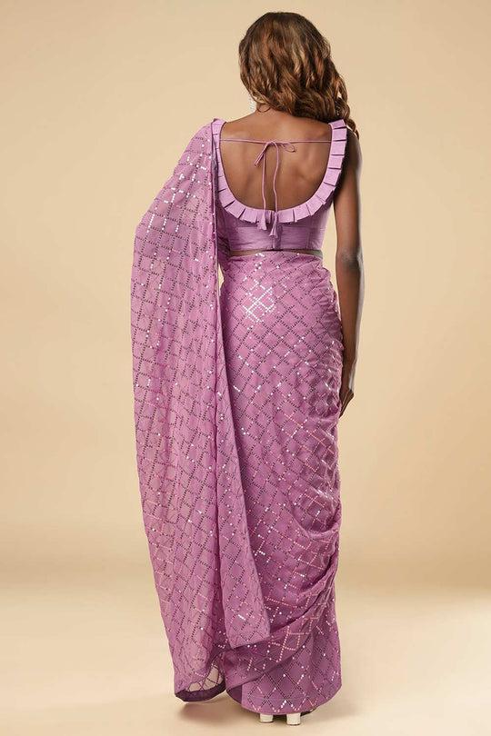 Huda Purple Georgette Sequins Ready to Wear One Minute Saree