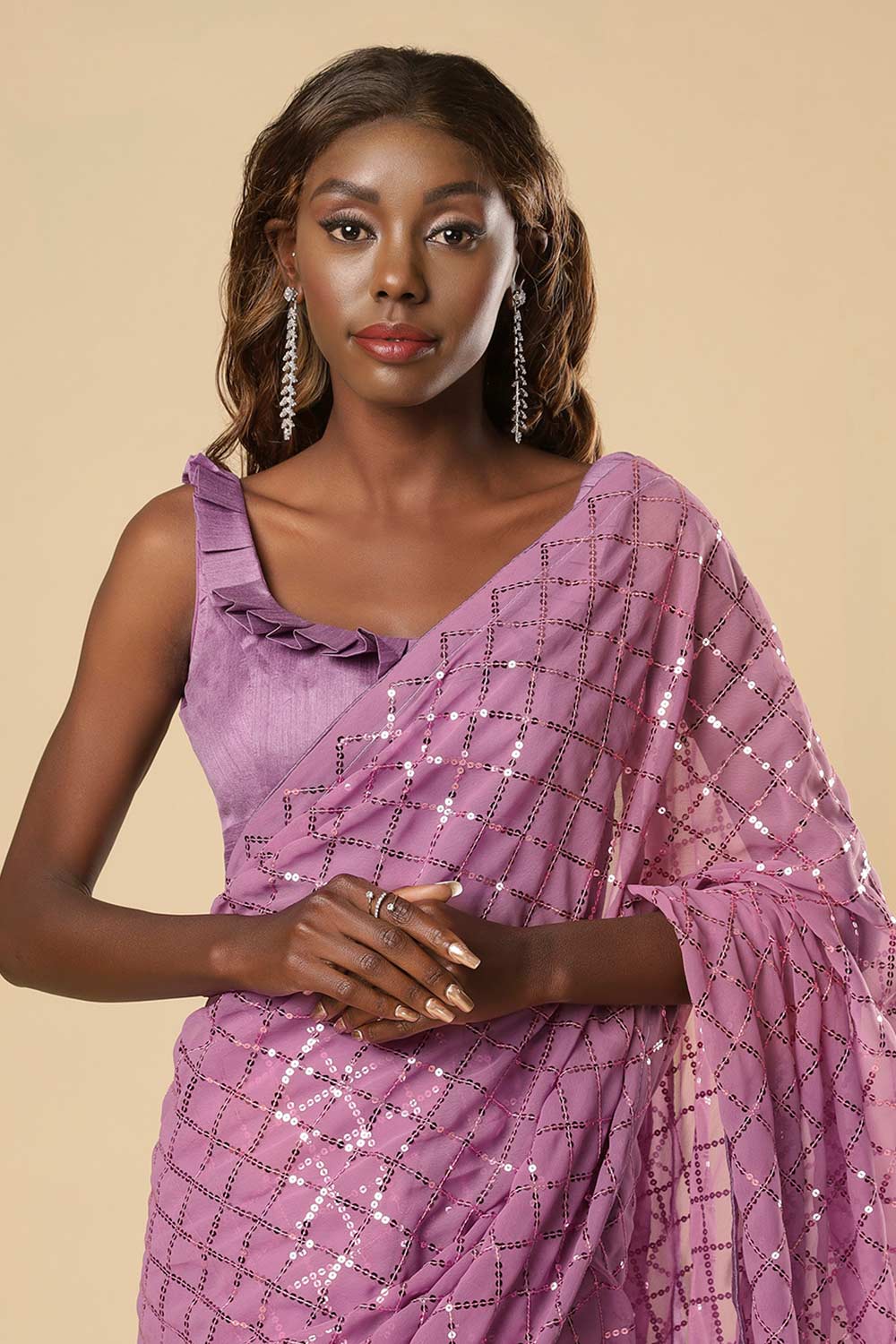 Huda Purple Georgette Sequins Ready to Wear One Minute Saree