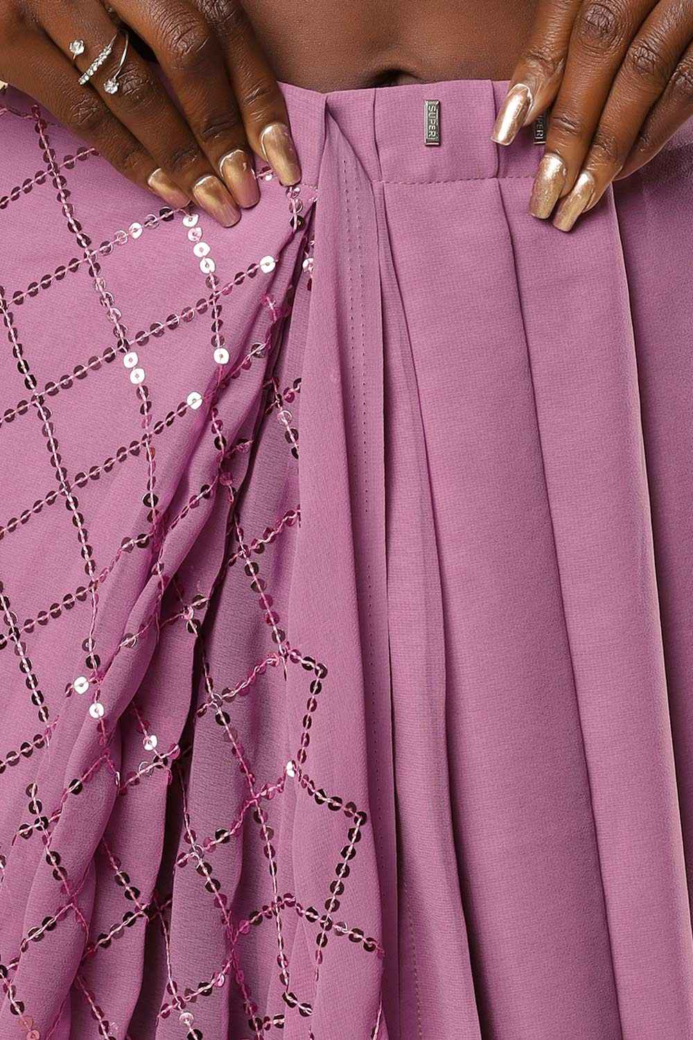 Huda Purple Georgette Sequins Ready to Wear One Minute Saree