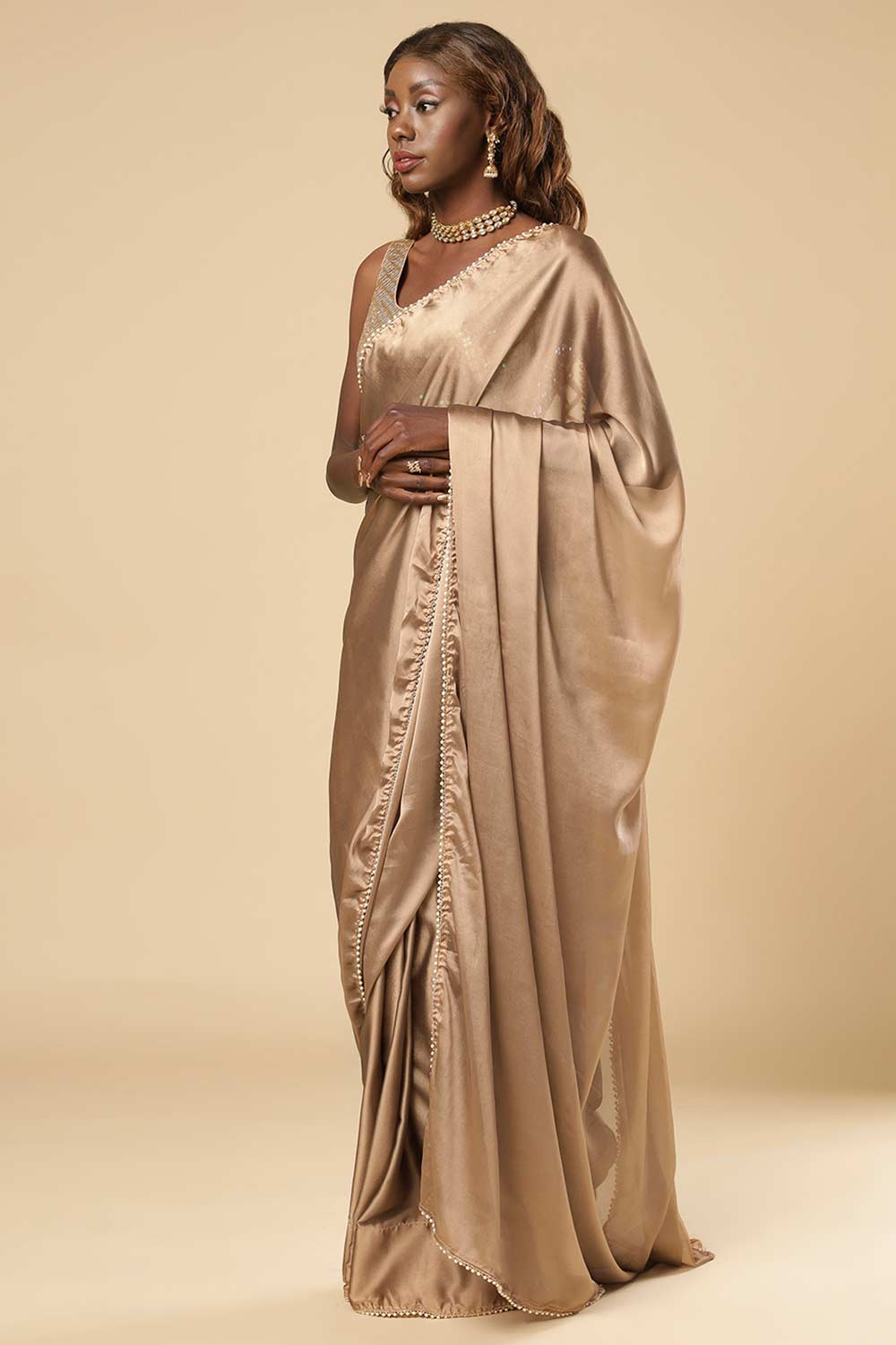 Sula Beige Crepe One Minute Saree