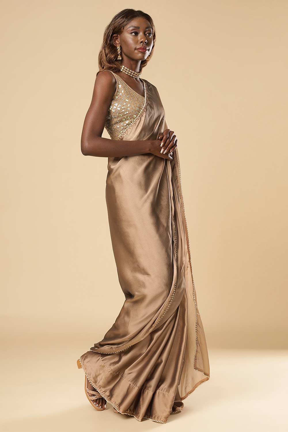 Sula Beige Crepe One Minute Saree