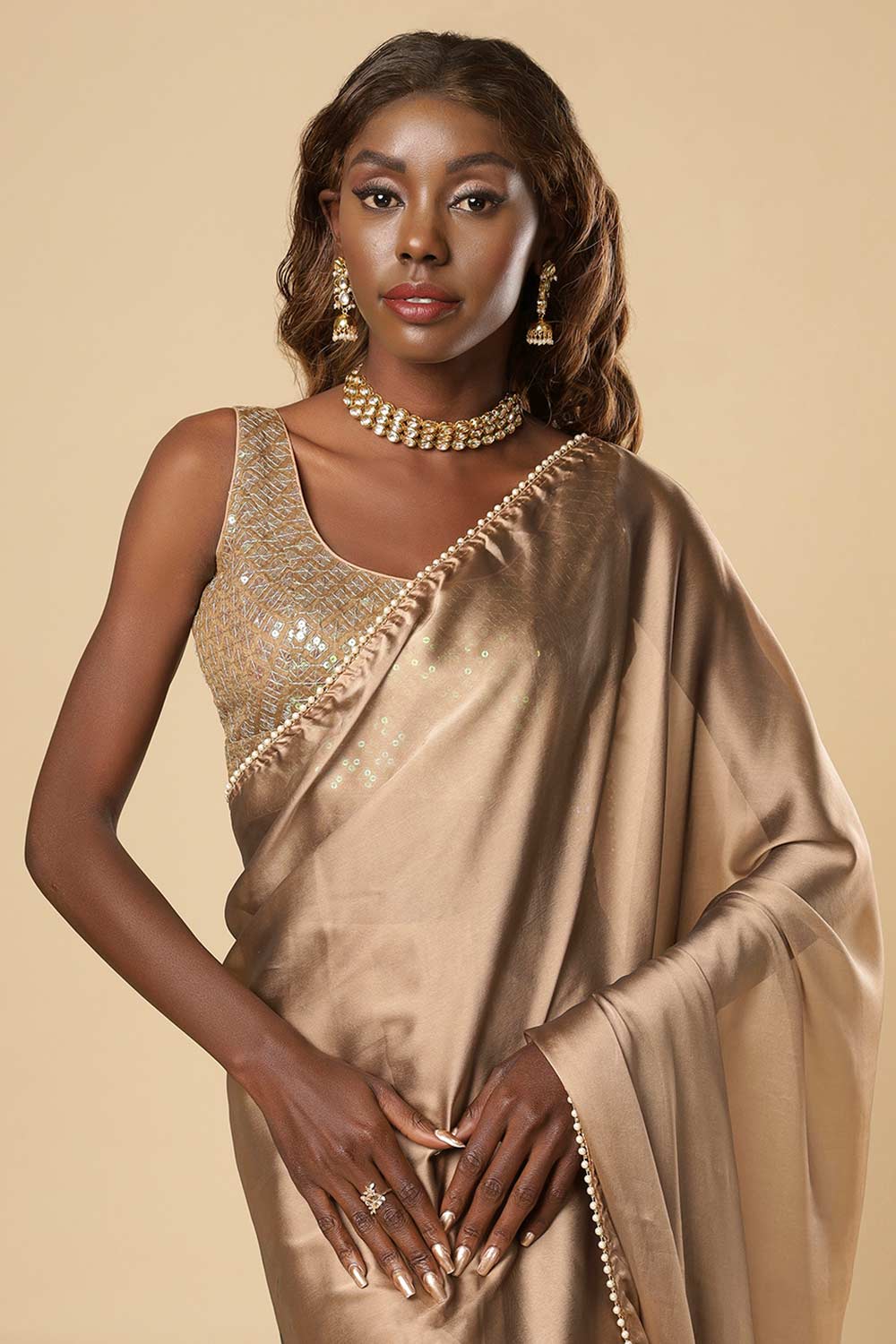 Sula Beige Crepe One Minute Saree