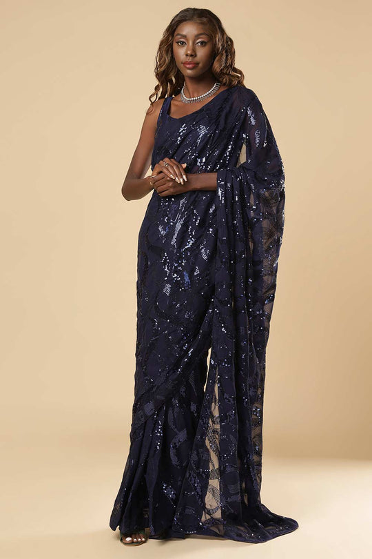 Bina Navy Blue Georgette Sequin One Minute Saree