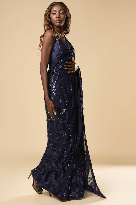 Bina Navy Blue Georgette Sequin One Minute Saree