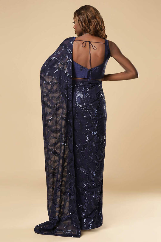 Bina Navy Blue Georgette Sequin One Minute Saree