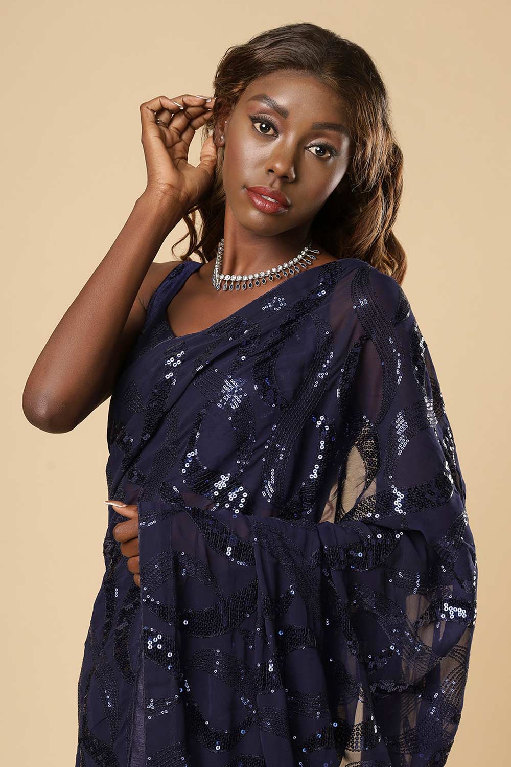 Bina Navy Blue Georgette Sequin One Minute Saree