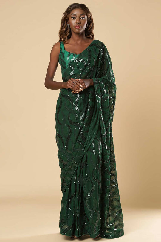Shammi Green Georgette Sequins Ready to Wear One Minute Saree