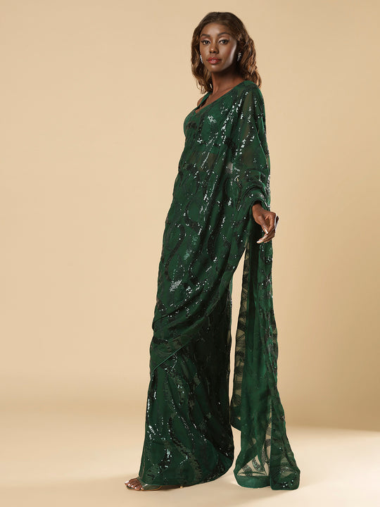Shammi Green Georgette Sequins Ready to Wear One Minute Saree