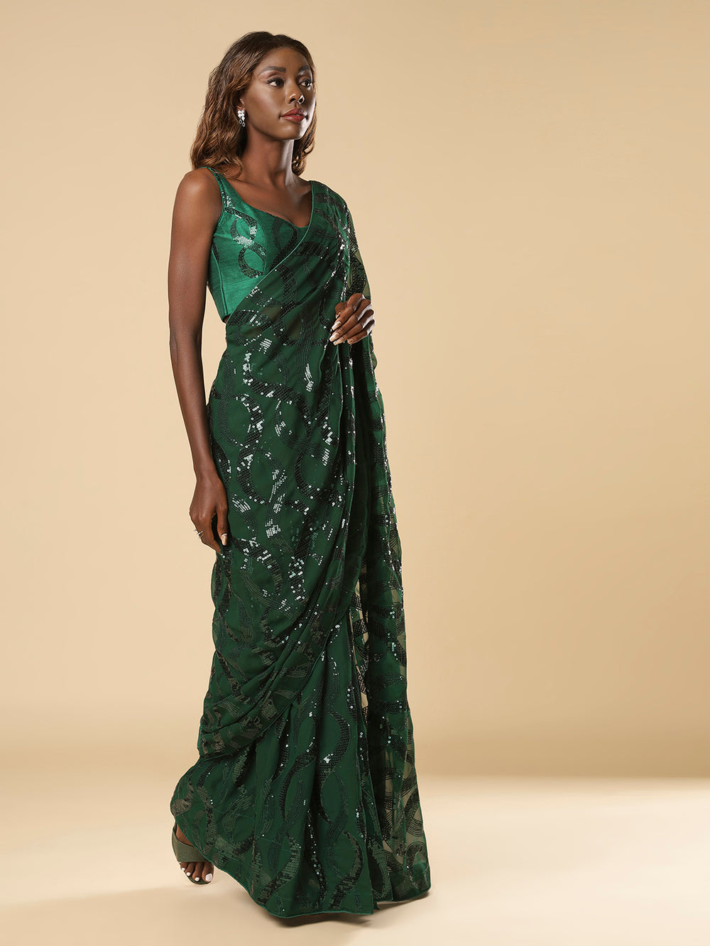Shammi Green Georgette Sequins Ready to Wear One Minute Saree
