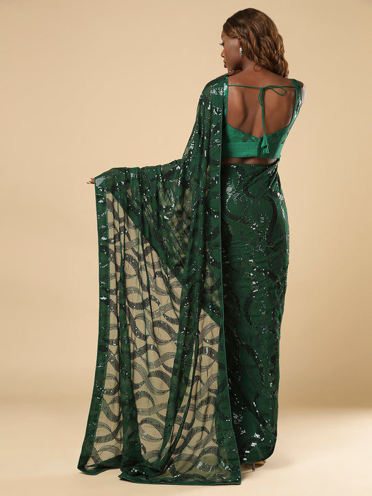 Shammi Green Georgette Sequins Ready to Wear One Minute Saree