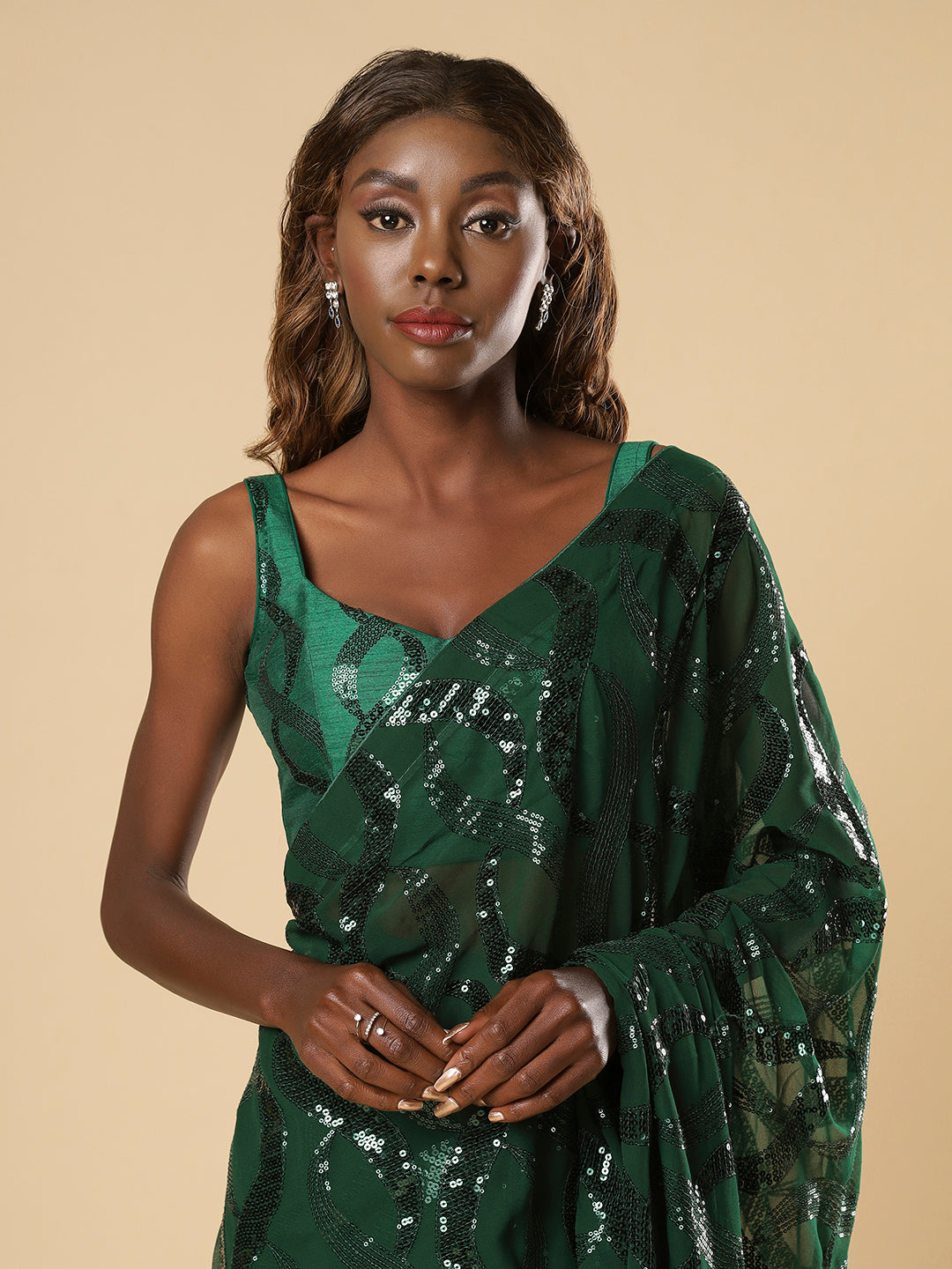 Shammi Green Georgette Sequins Ready to Wear One Minute Saree