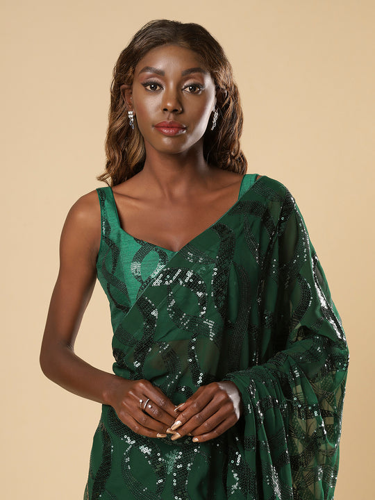 Shammi Green Georgette Sequins Ready to Wear One Minute Saree