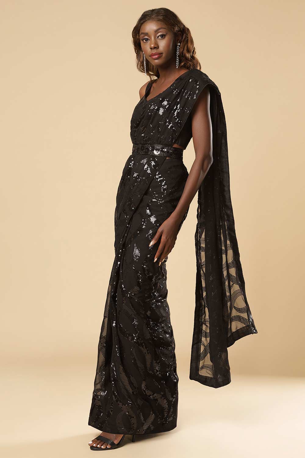 Amara Black Georgette Sequins Ready2Ship One Minute Saree