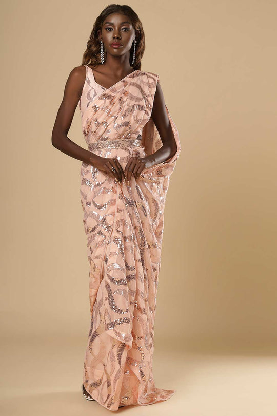 Suri Peach Sequin Georgette Ready to Wear One Minute Saree