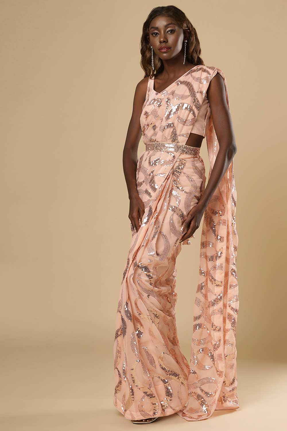 Suri Peach Sequin Georgette Ready to Wear One Minute Saree