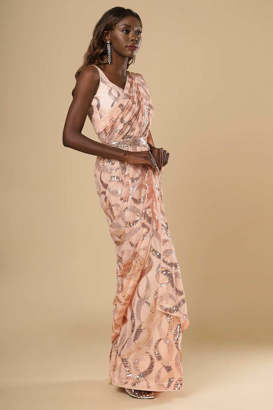 Suri Peach Sequin Georgette Ready to Wear One Minute Saree