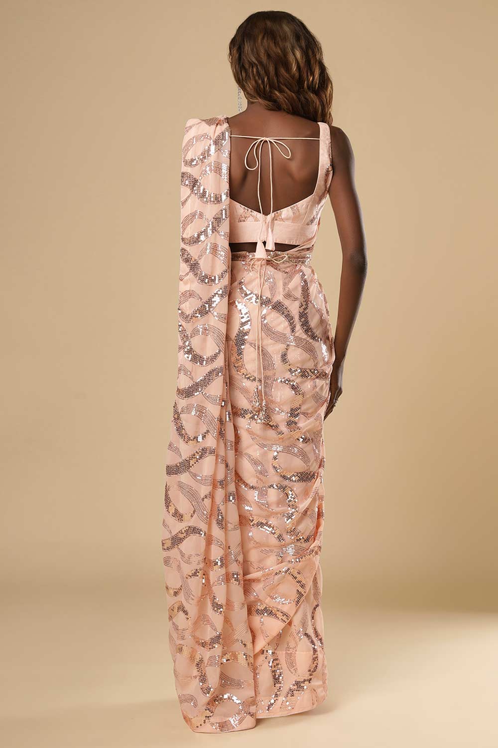 Suri Peach Sequin Georgette Ready to Wear One Minute Saree