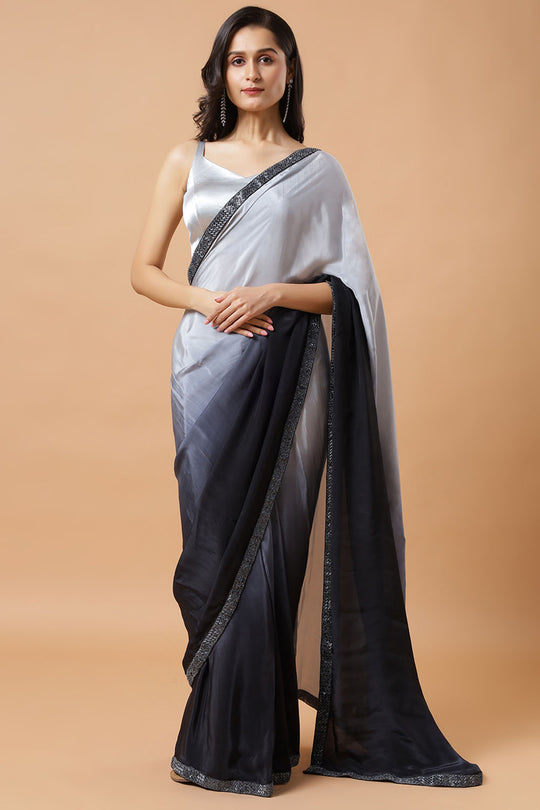 Minali Grey and Black Ombre Silk Ready to Wear Saree with Beaded Border