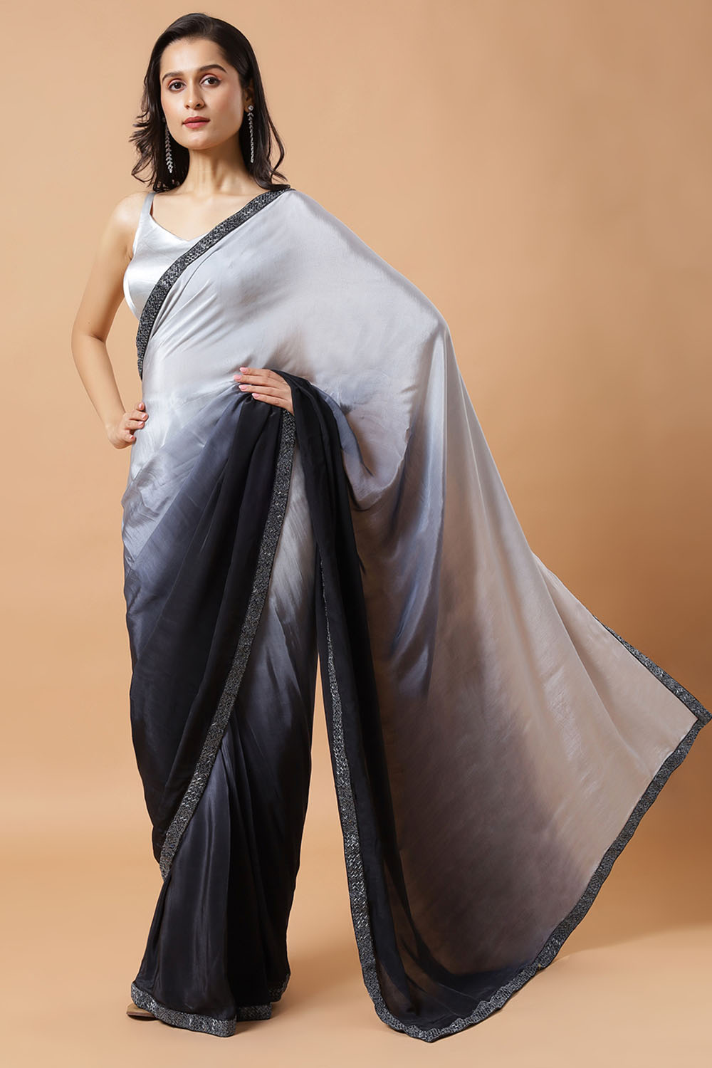 Minali Grey and Black Ombre Silk Ready to Wear Saree with Beaded Border