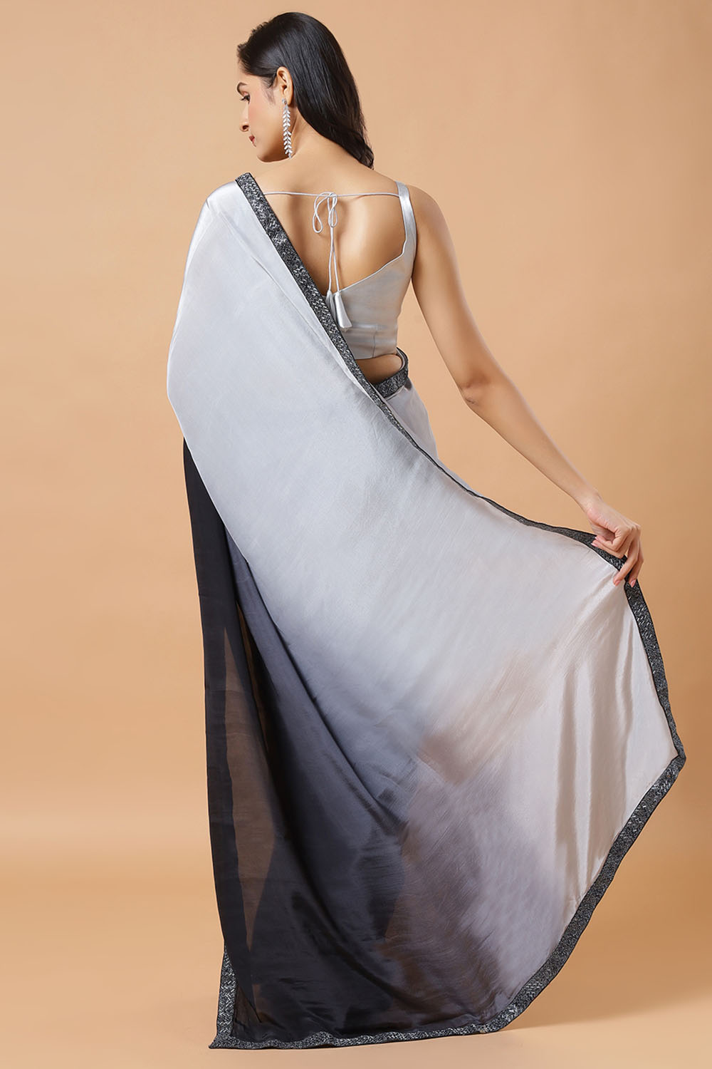 Minali Grey and Black Ombre Silk Ready to Wear Saree with Beaded Border