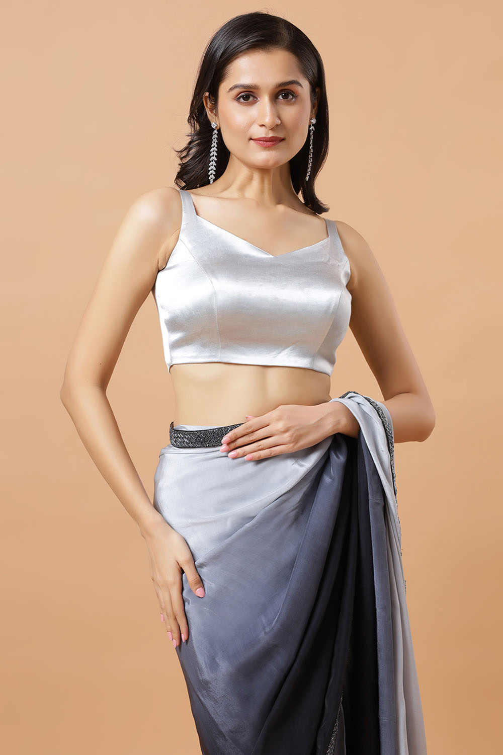 Minali Grey and Black Ombre Silk Ready to Wear Saree with Beaded Border