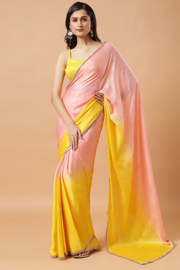 Aisha Peach & Yellow Ombre Satin Ready to Wear Saree with Beaded Border