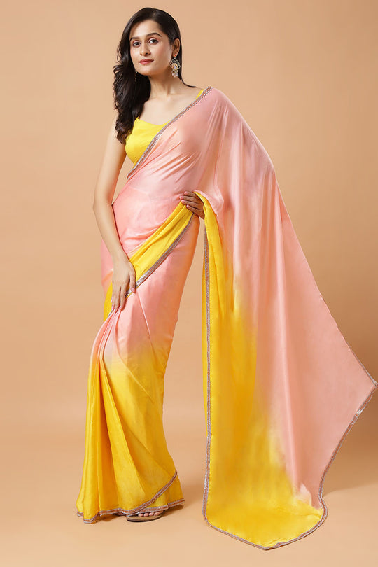 Aisha Peach & Yellow Ombre Satin Ready to Wear Saree with Beaded Border