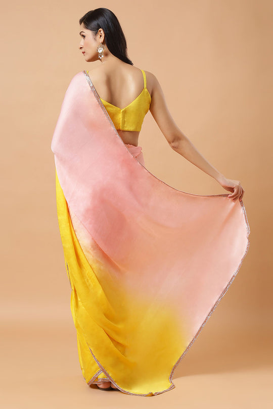 Aisha Peach & Yellow Ombre Satin Ready to Wear Saree with Beaded Border