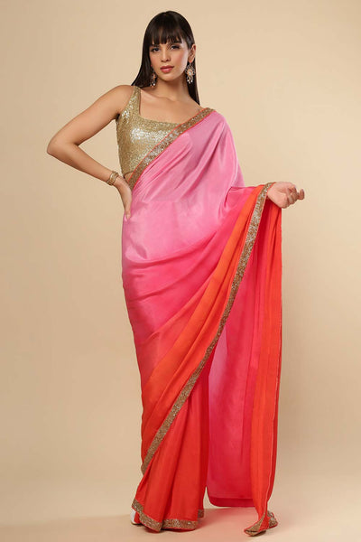 Chandini Pink & Orange Ombre Silk With Gold Sequins Border One Minute Saree