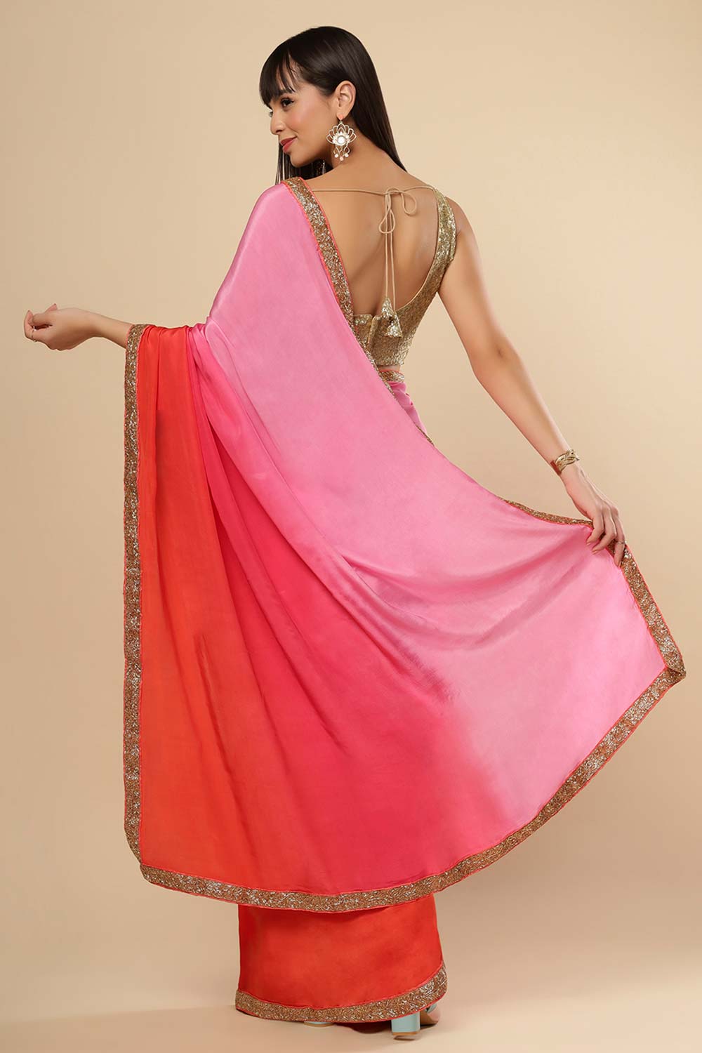 Chandini Pink & Orange Ombre Silk Ready2Ship One Minute Saree