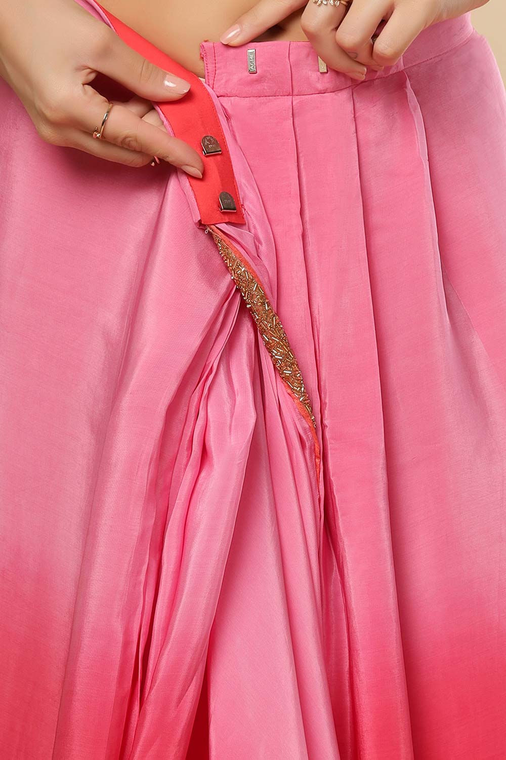 Chandini Pink & Orange Ombre Silk With Gold Sequins Border One Minute Saree