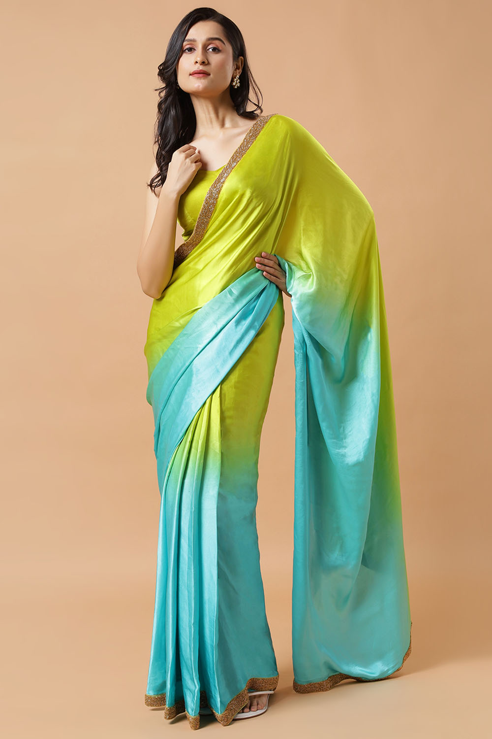 Chandini Turquoise & Lime Ombre Silk Ready to Wear Saree with Gold Sequin Border