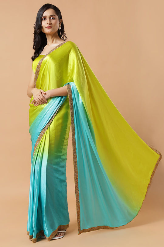 Chandini Turquoise & Lime Ombre Silk Ready to Wear Saree with Gold Sequin Border