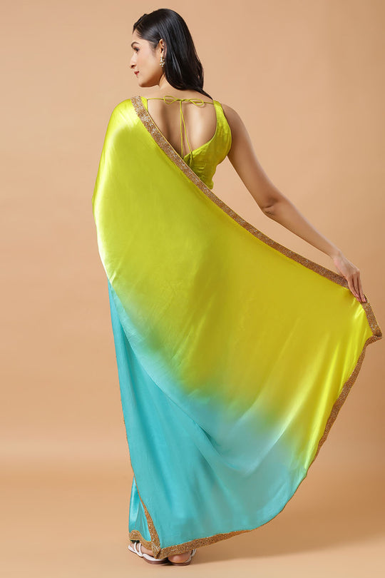Chandini Turquoise & Lime Ombre Silk Ready to Wear Saree with Gold Sequin Border