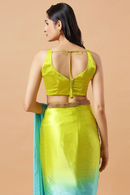Chandini Turquoise & Lime Ombre Silk Ready to Wear Saree with Gold Sequin Border