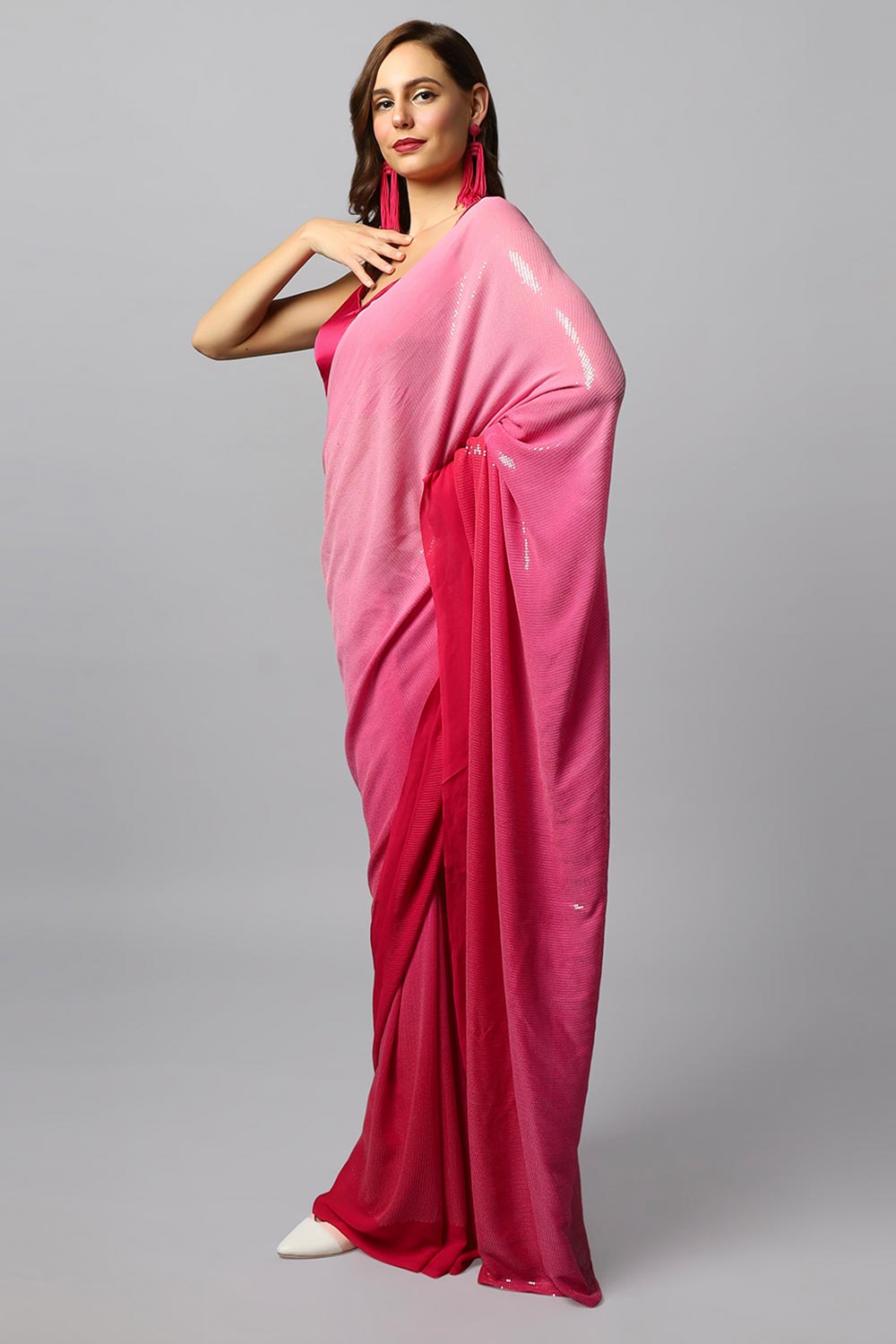 Ashley Luxe Fuscia Ombre Georgette Sequins Ready to Ship One Minute Saree