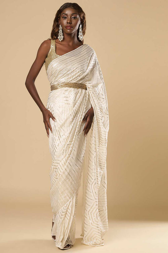 Charlize Luxe Cream Geometric Sequins Georgette Ready2Ship One Minute Saree