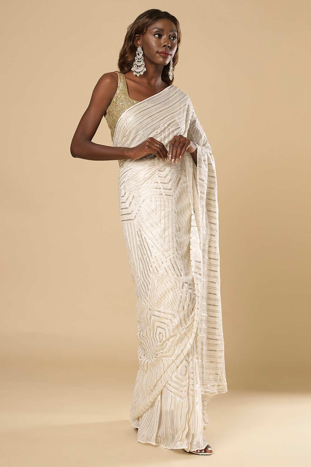 Charlize Luxe Cream Geometric Sequins Georgette One Minute Saree