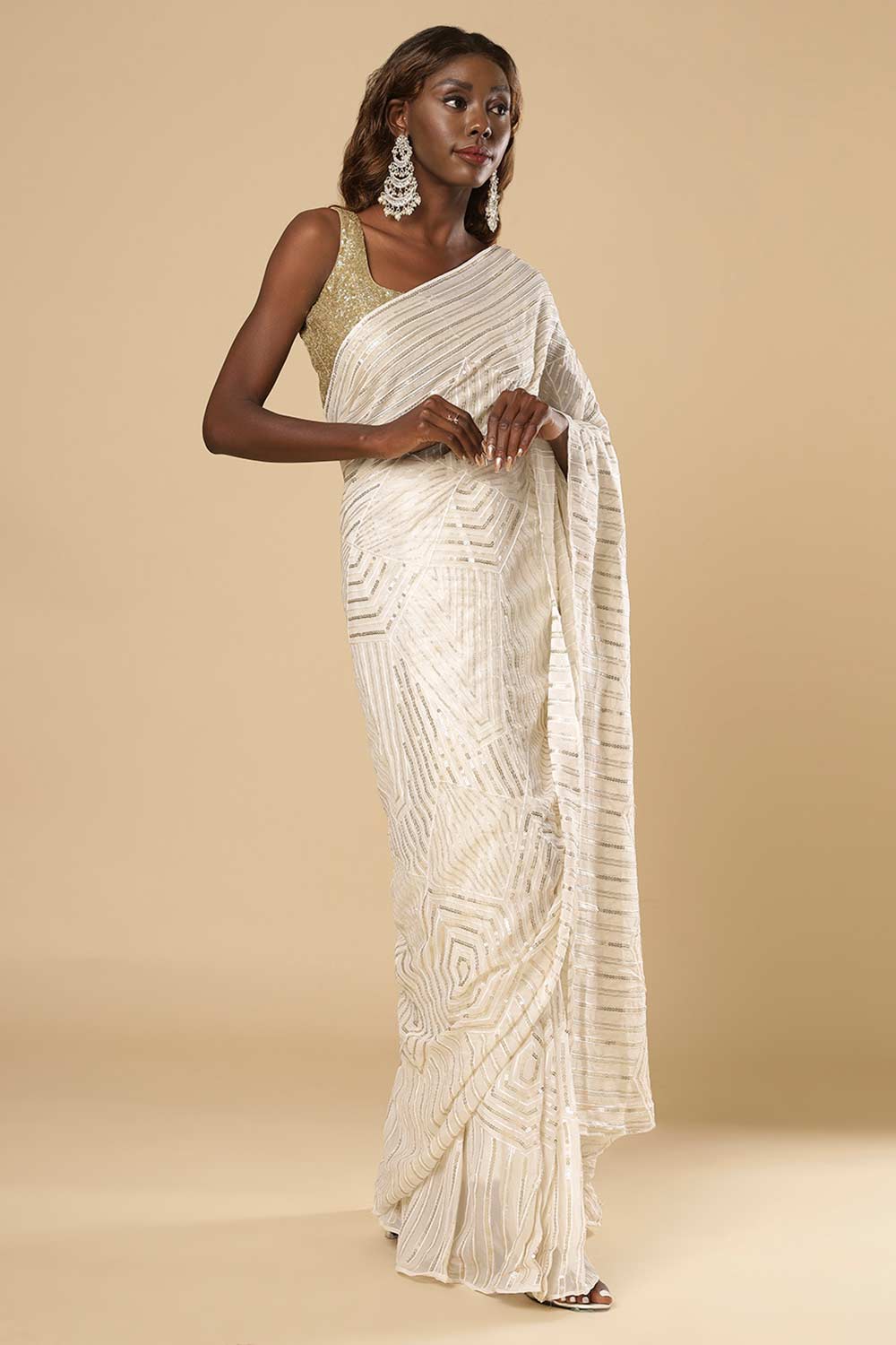 Charlize Luxe Cream Geometric Sequins Georgette Ready2Ship One Minute Saree