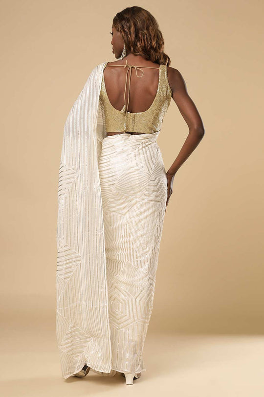 Charlize Luxe Cream Geometric Sequins Georgette Ready2Ship One Minute Saree