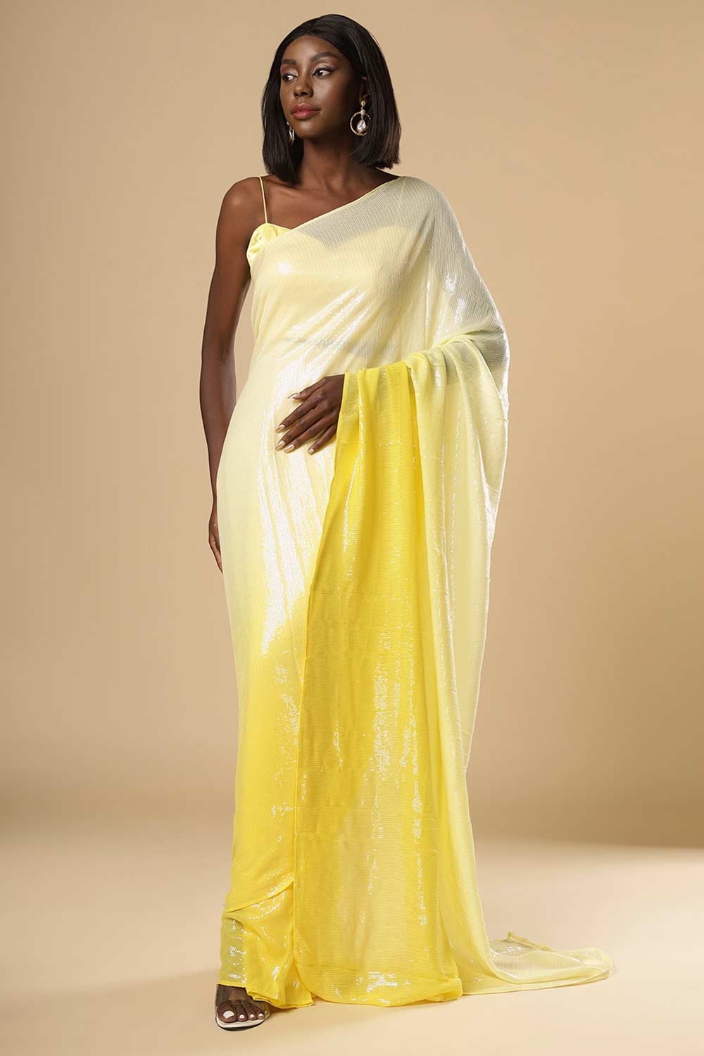 Sana White & Yellow Ombre Sequins Ready2Ship One Minute Saree