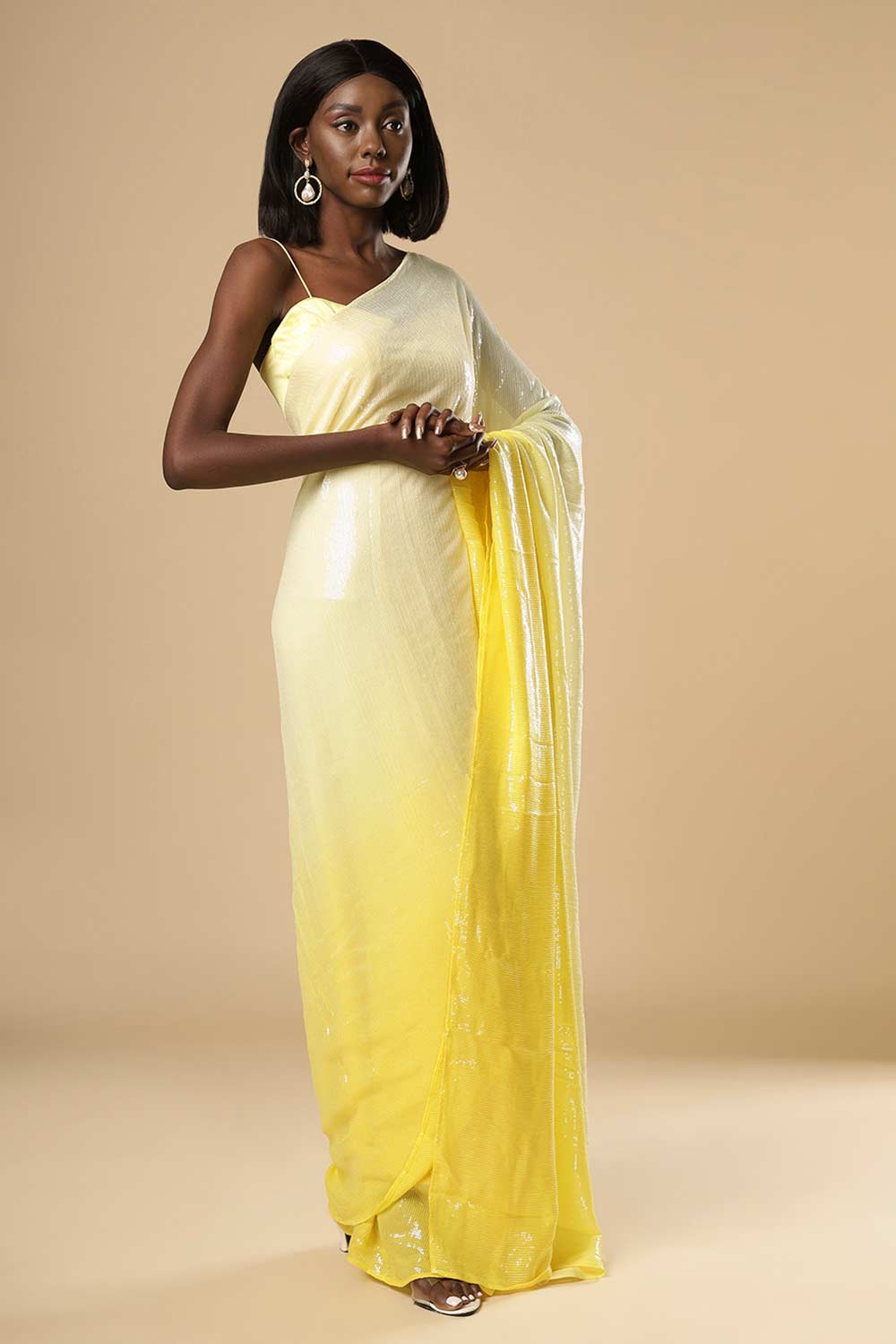 Sana White & Yellow Ombre Sequins One Minute Saree