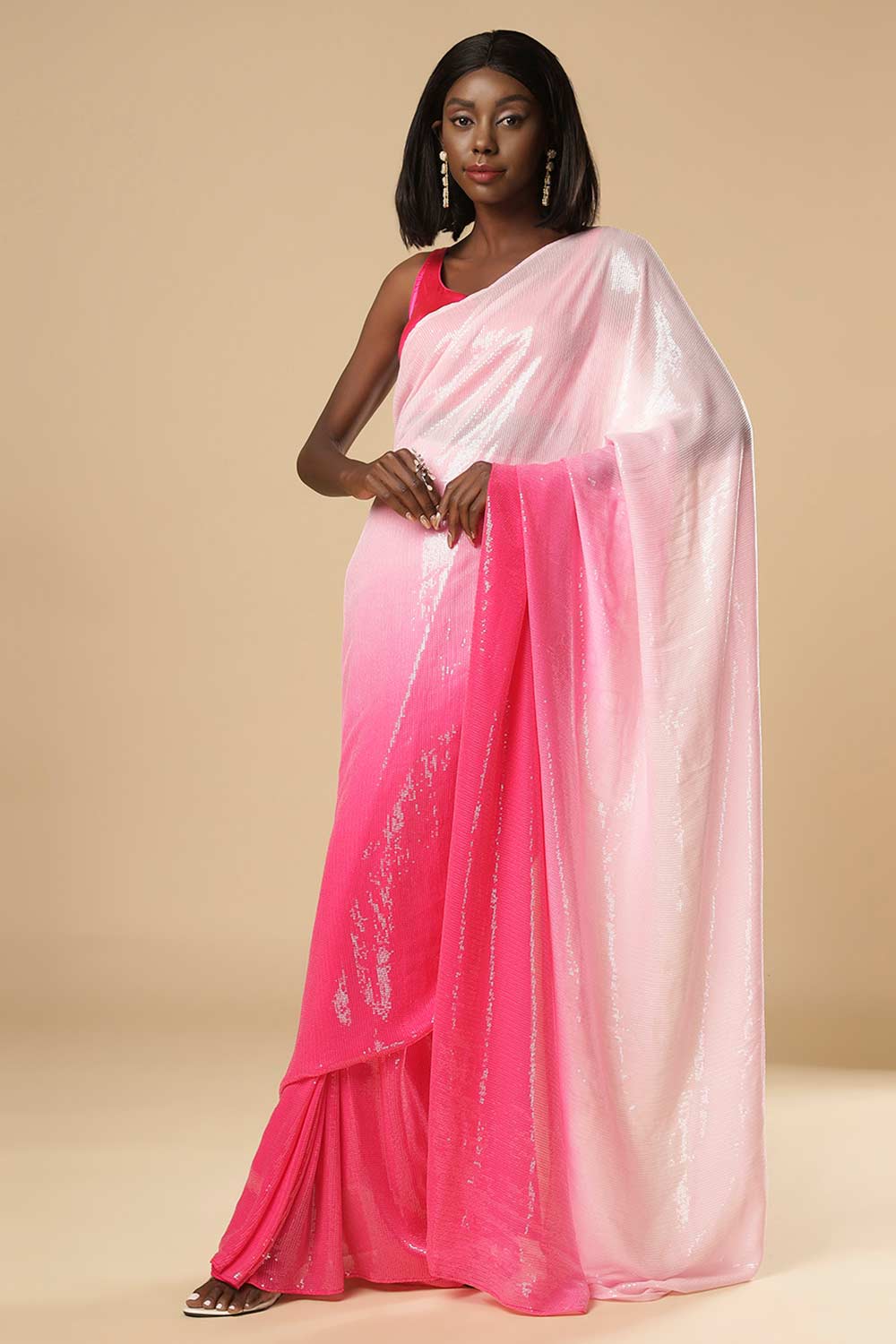 Kajol White & Pink Ombre Sequins Ready2Ship One Minute Saree