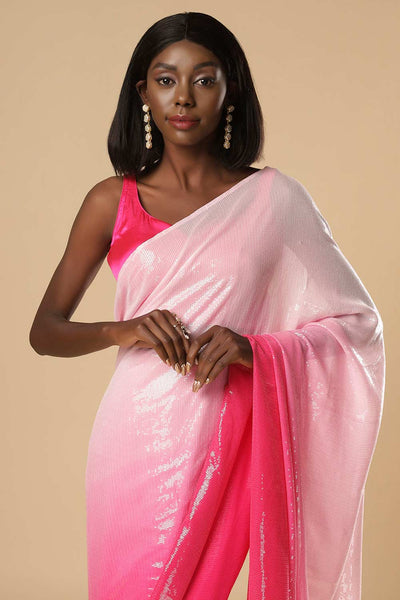 Kajol White & Pink Ombre Sequins Ready to Ship One Minute Saree